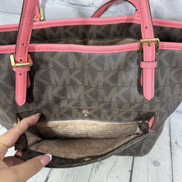 Michael Kors Tore Shoulder Bag Women Monogram MK logo Brown Pink Medium Jet Set - Picture 12 of 16